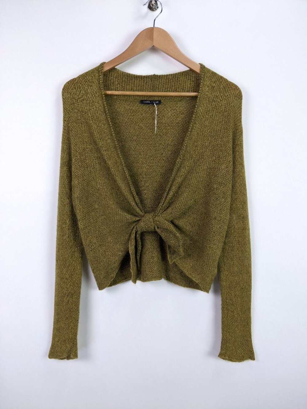 Eileen Fisher Wool Blend Olive Green Tie Front Cropped Cardigan Sweater Size S